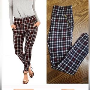 Plaid pull on skinny pants with Side zippers